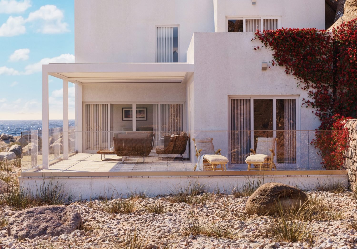 Terraza con barandilla de cristal Nuvia de Glass by Gaviota y pérgola bioclimática al fondo