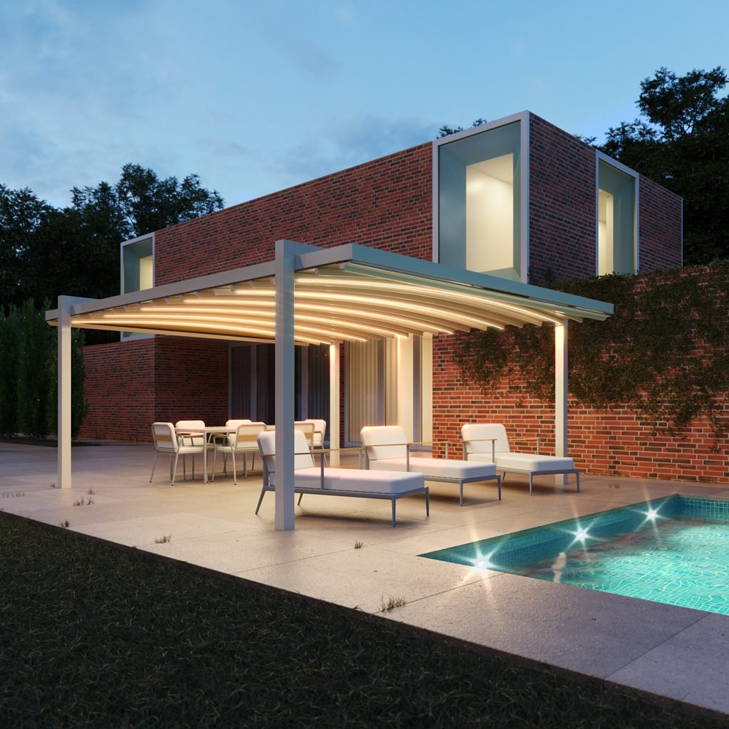 Pérgola de lona tensada Clima Air iluminada de noche con LED en los palillos