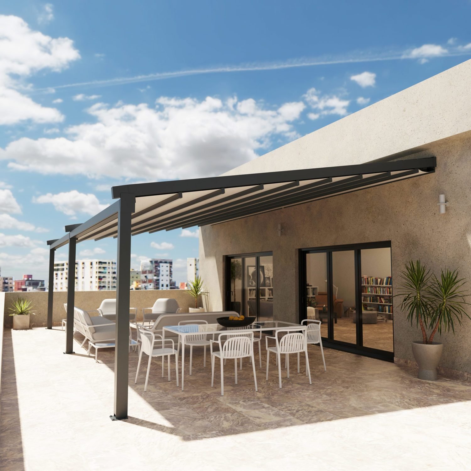 Detalle de la lona tensada sobre palillos de aluminio de una pérgola Clima Rain