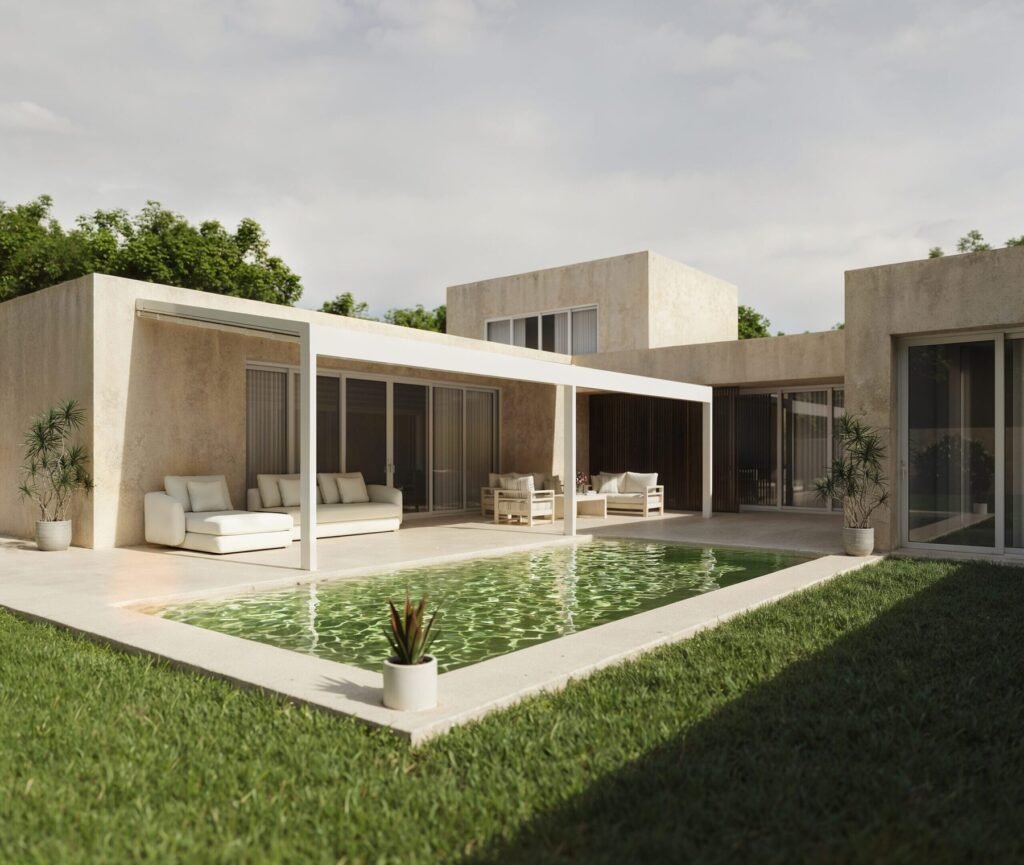 Pérgola de lona tensada Pergo Cover de Glass by Gaviota sobre una terraza con zona de estar