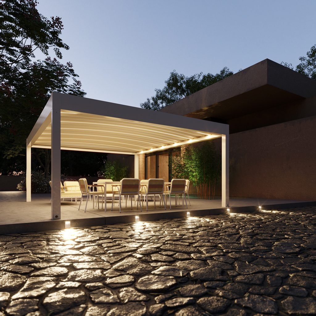 Pérgola Pergo Cloud con la lona extendida al atardecer