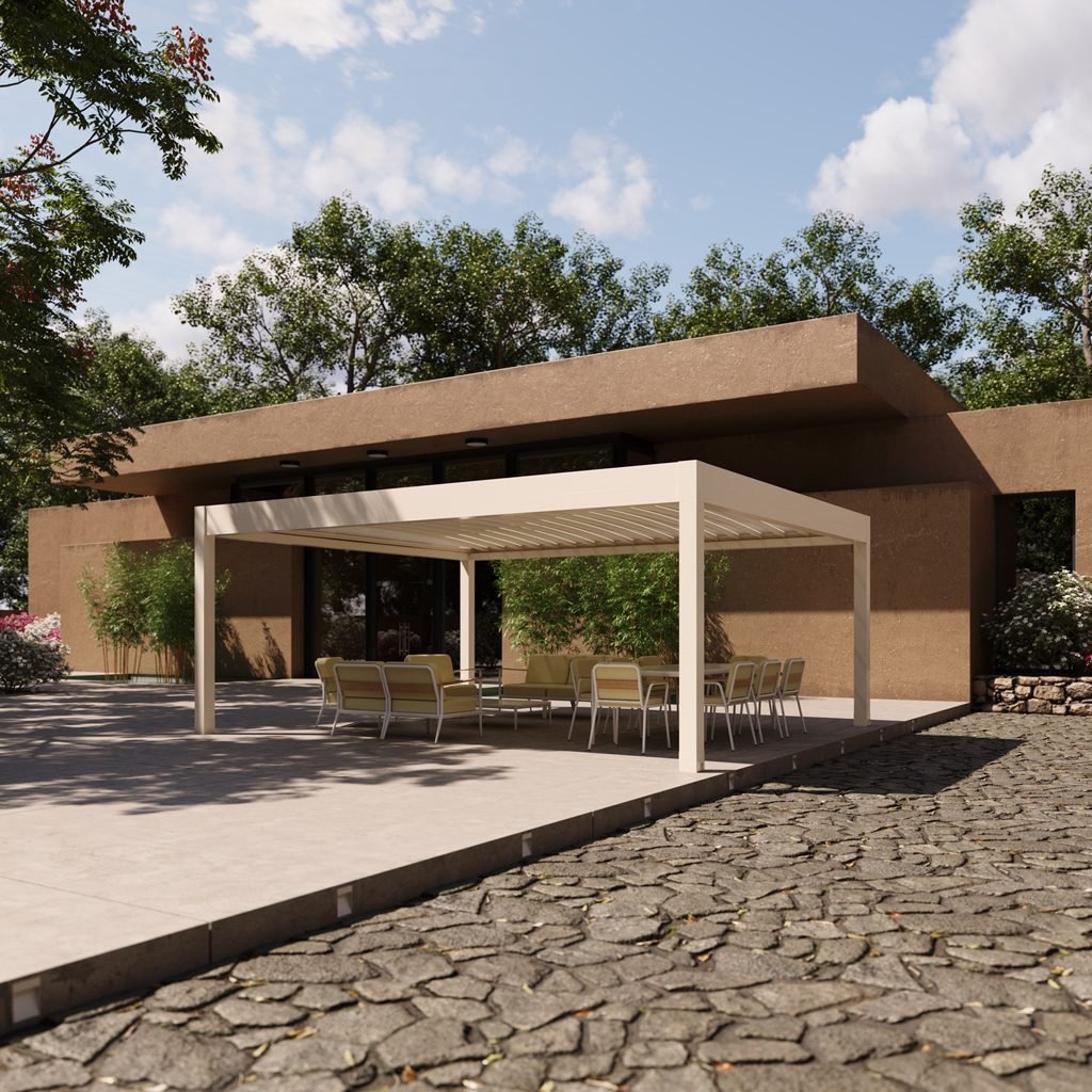 Pérgola de lona tensada Pergo Cloud de Glass by Gaviota con pilares y guías horizontales