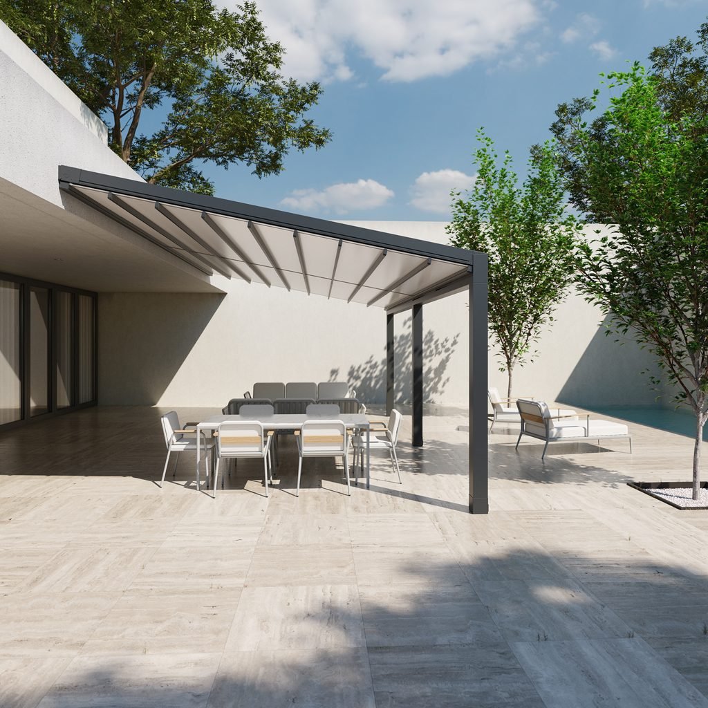 Pérgola de lona tensada Pergo Prime de Glass by Gaviota con desagüe por pilar