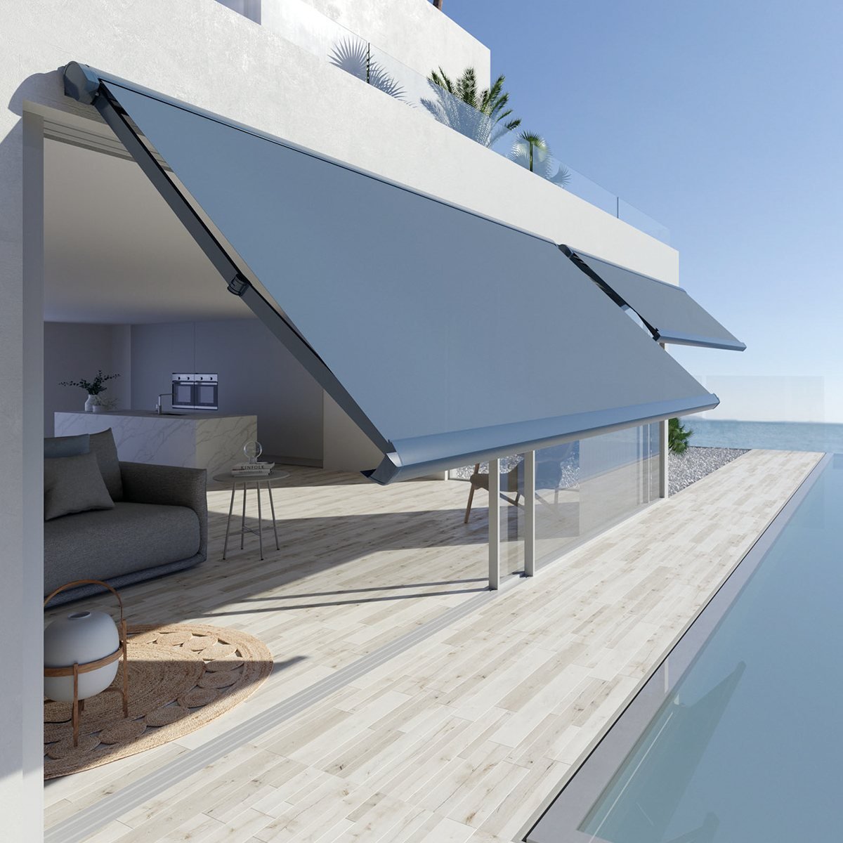 Toldo de brazos extensibles de Saxun sobre una terraza