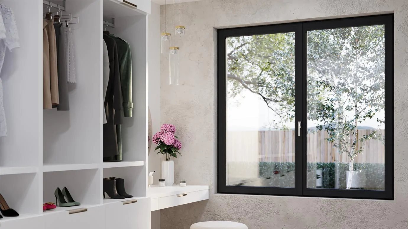 Ventana de PVC Kiom de Hermet 10 con perfil estrecho y manilla centrada