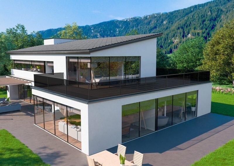 Barandilla de vidrio fotovoltaico Lumyra en una vivienda de playa